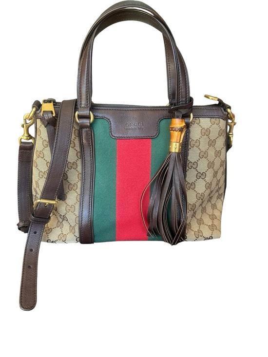 Gucci Handbags - Gucci Brown Canvas & Leather Tote with Green and Red Stripe